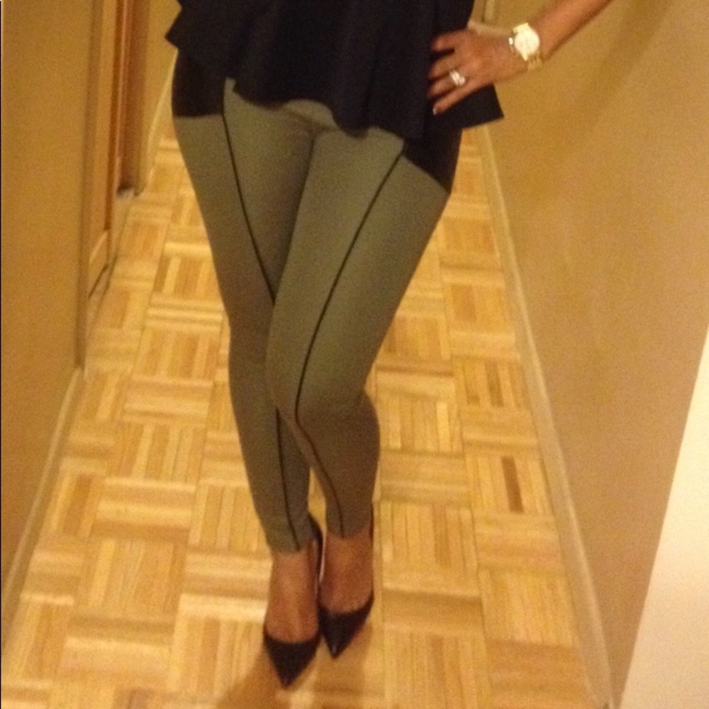 Leather look with olive green material leggings